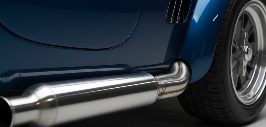 A polished side pipe running past the rear wheel