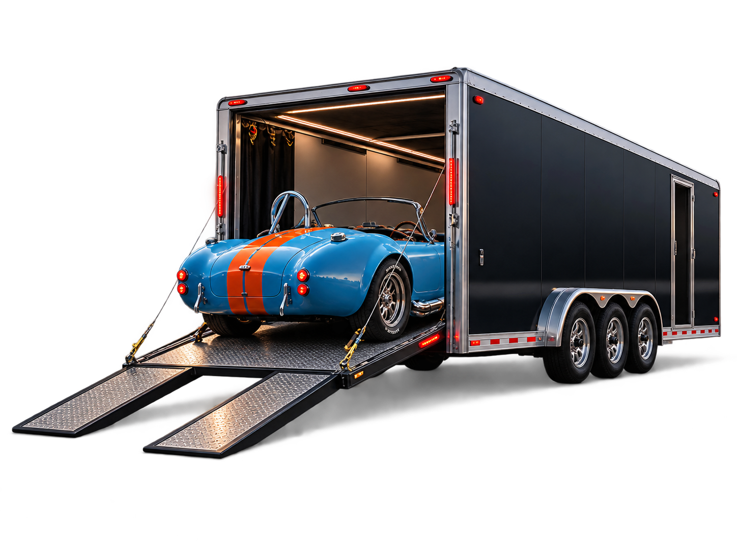 A Cobra strapped down inside an enclosed transporter, ramps still out