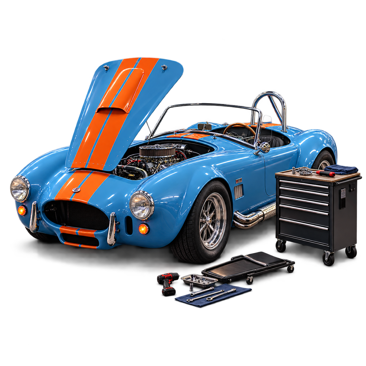 A Cobra up on the ramps with its bonnet off
